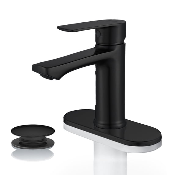 BELZ Bathroom Faucet Modern Waterfall Bathroom Sink Faucet with Single Handle with Pop Up Drain and Deck Plate Suitable for 1 or 3 Holes, Black