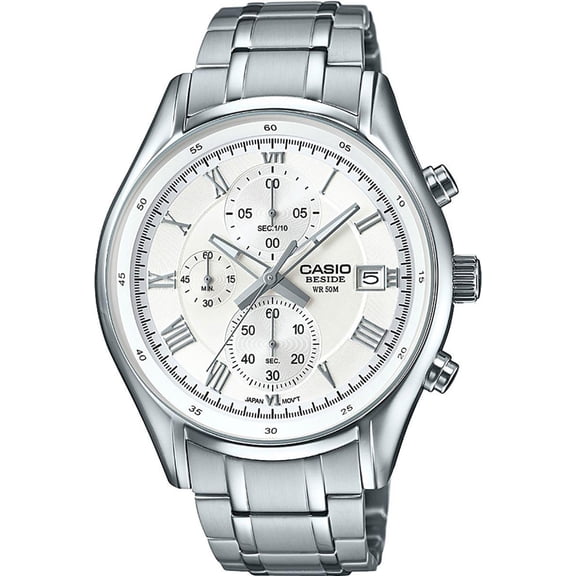 BEM-512D-7A White Casio Men's Watches Stainless Band Chronograph Beside New