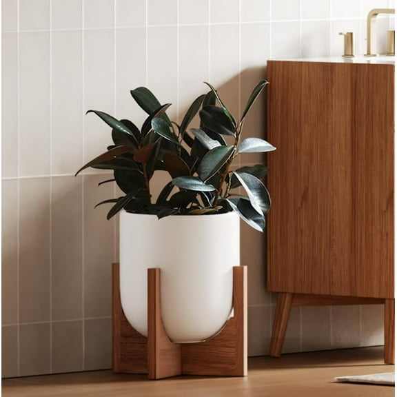 BEMAY 10 Inch White Ceramic Plant Pot with Acacia Wood Stand, Mid Century Modern Indoor Outdoor Planter with Drainage Hole & Plug, Ceramic Flower Pot for Home Decor, White Planter for Plants