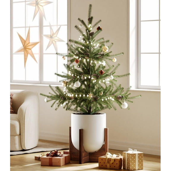 BEMAY 12" White Ceramic Planter with Wood Stand, Large Indoor Plant Pot and Flower Pot for Tall Plants and Houseplants, Mid Century Modern Decor