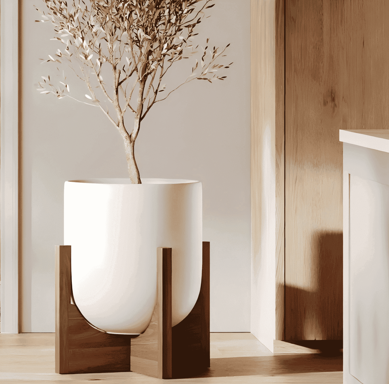 BEMAY 12" White Ceramic Planter with Wood Stand, Large Indoor Plant Pot and Flower Pot for Tall Plants and Houseplants, Mid Century Modern Decor