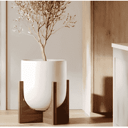 BEMAY 12" White Ceramic Planter with Wood Stand, Large Indoor Plant Pot and Flower Pot for Tall Plants and Houseplants, Mid Century Modern Decor