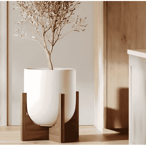 BEMAY 12" White Ceramic Planter with Wood Stand, Large Indoor Plant Pot and Flower Pot for Tall Plants and Houseplants, Mid Century Modern Decor