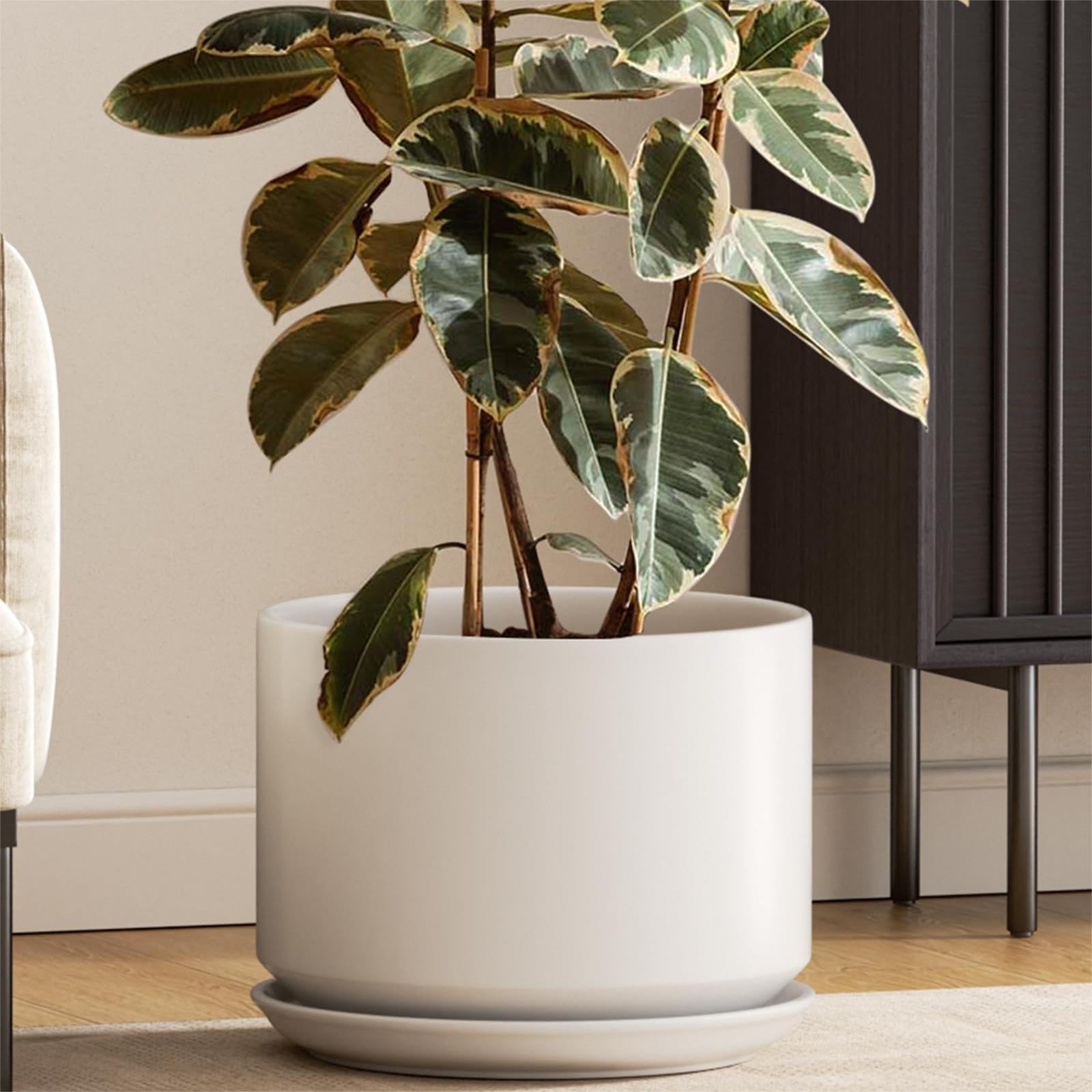 "BEMAY 12"" Ceramic Pot with Drainage & Saucer, Indoor/Outdoor, White