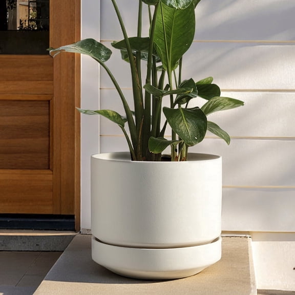 BEMAY 14" White Ceramic Plant Pot with Drainage & Saucer, Large Indoor Plant Pot for Floor Plants, Modern Minimalist Planter Pot