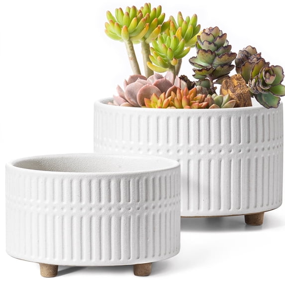 BEMAY 2-Pack 8+6.5 inch White Ceramic Succulent Pots with Drainage Holes for Indoor, Patio, and Garden Decor Plant Pots