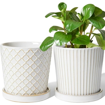 BEMAY 5.5" Ceramic Plant Pots with Drainage Hole and Tray, Set of 2 Flower Pots for Home Decor, Reactive Glaze White Planter Pots