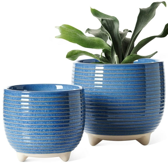 BEMAY Ceramic Flower Pots, Set of 2 Plant Pots (6.4"+5.1") Planter with Drainage & Plug, Reactive Glaze Blue Pots