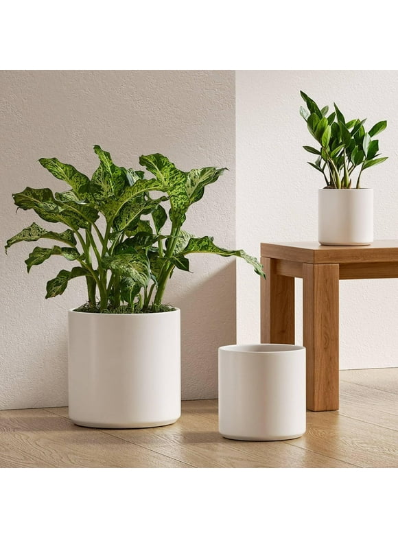 BEMAY Ceramic Plant Pots, 10+8+6 inch Indoor Planter Pots with Drainage Hole and Plug for Home Office, Pack of 3 Mid-Century Flower Pots, White