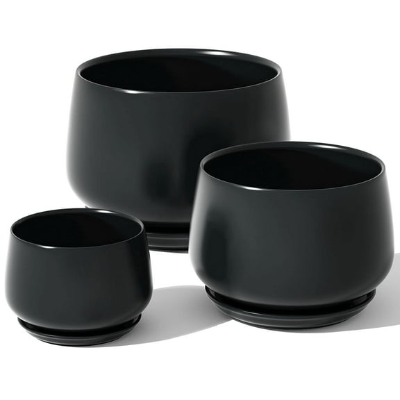 BEMAY Set of 3 Ceramic Plant Pots with Drainage Holes and Saucers, Indoor & Outdoor Decorative Planters, Modern Greenery