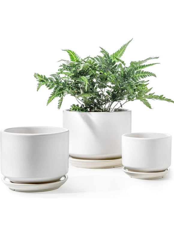 BEMAY Ceramic Plant Pots, 4.3+5.3+6.8 Inch Indoor Planters with Drainage Hole and Saucer, Set of 3 Flower Pots for Indoor/Outdoor Plants, White