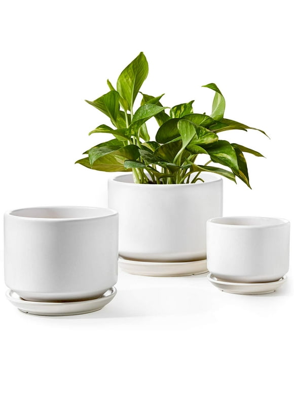 BEMAY Ceramic Plant Pots, 4.3+5.3+6.8 inch Indoor Planters with Drainage Hole and Saucer, Pack of 3 Flower Pots for Indoor/Patio Decor, White