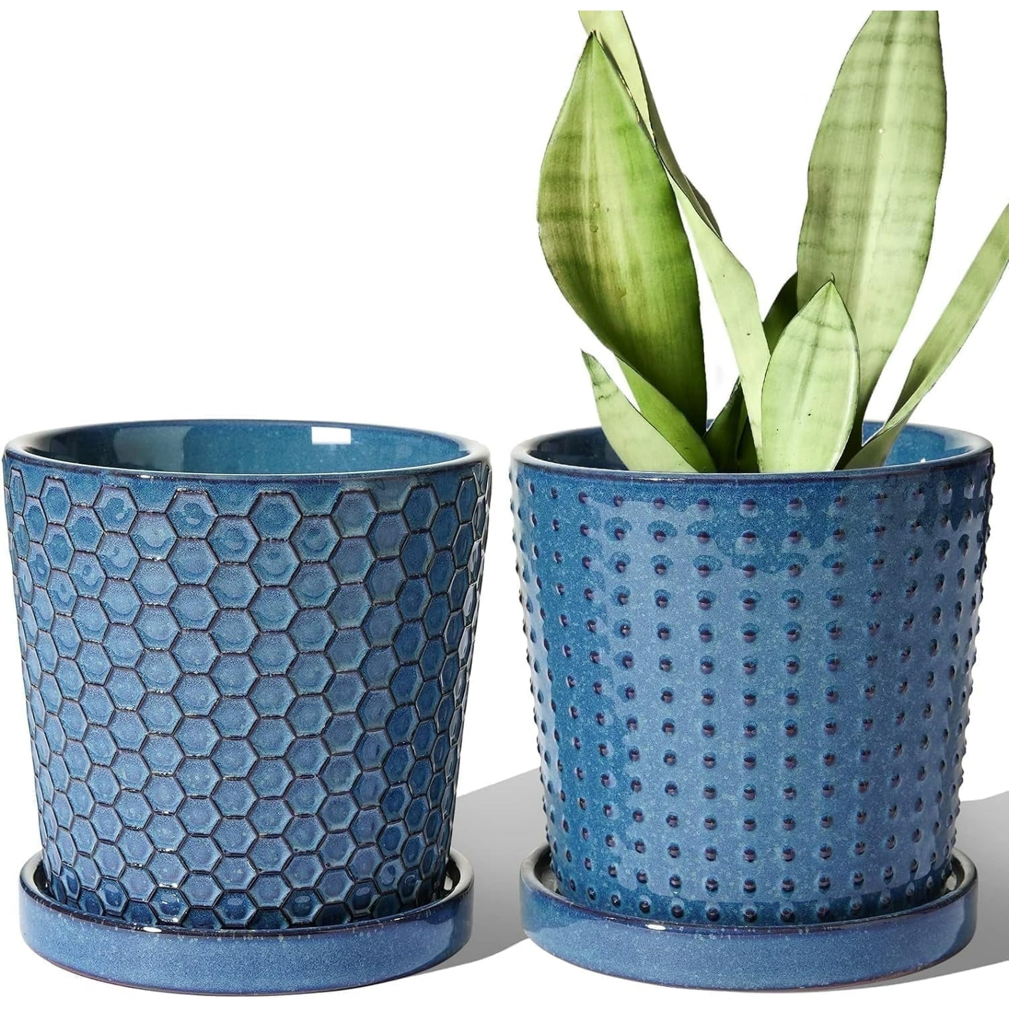 Reactive Glaze Blue Ceramic Indoor Planters with Drainage and Tray, Set of 2