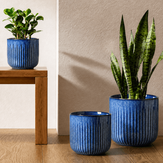 BEMAY Set of 3 Plant Pots, Ceramic Planters for Indoor Plants, 8.3+6.9+5.7 inch Flower Pots with Drainage Holes, Indoor Planters for House Plants,Glaze Ocean Blue