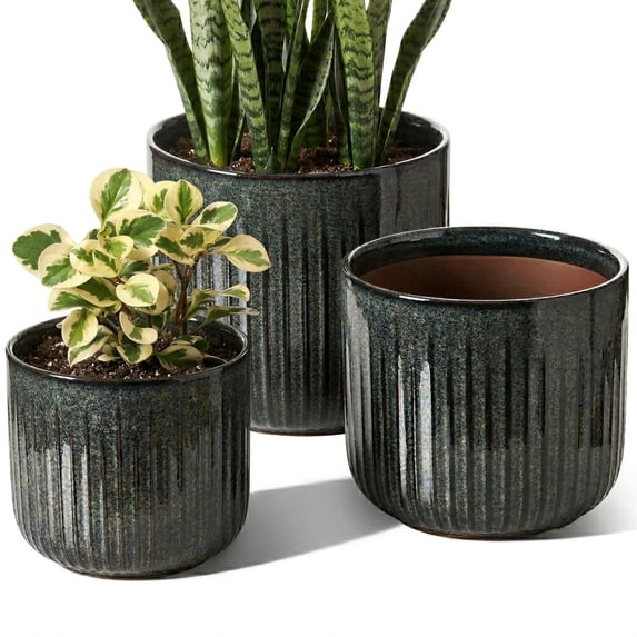 BEMAY Ceramic Plant Pots, Set of 3 Dark Olive Plant Pots for Indoor Plants with Drainage Hole, Plug and Mesh Pad Flower Pots
