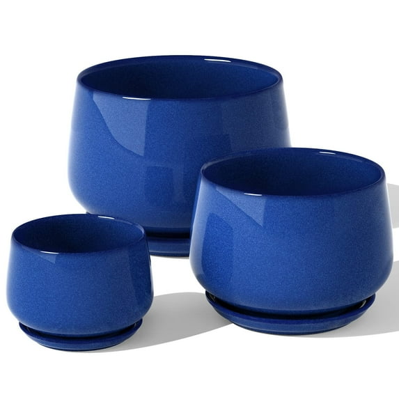 BEMAY Plant Pots, 4.1+5.1+6.5 inch Flower Pots with Drainage Hole and Saucer, Pack of 3 Ceramic Indoor Planters for Home and Office, Sapphire Blue