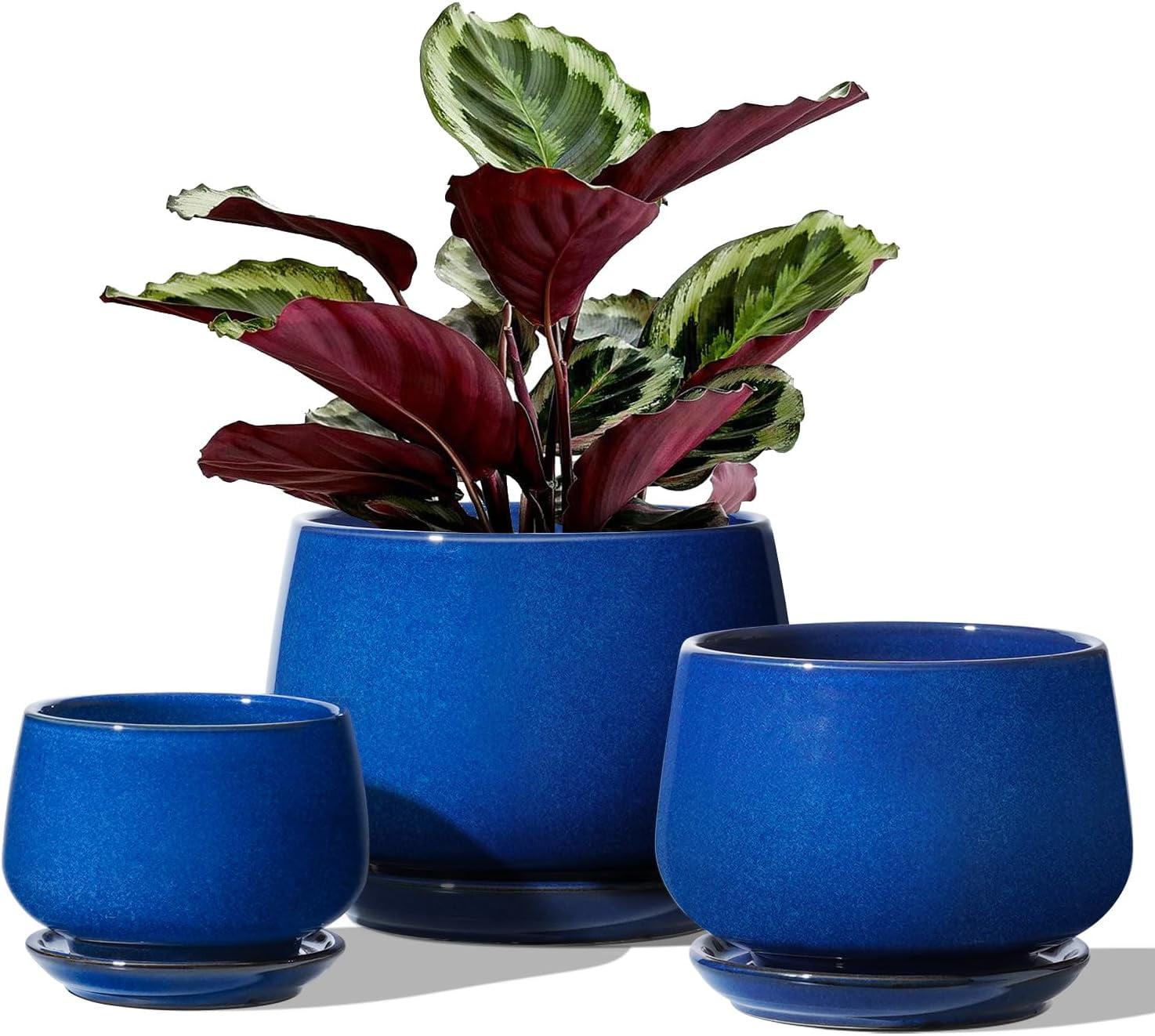 BEMAY Plant Pots, 4.1+5.1+6.5 inch Flower Pots with Drainage Hole and Saucer, Pack of 3 Ceramic Indoor Planters for Home and Office, Sapphire Blue