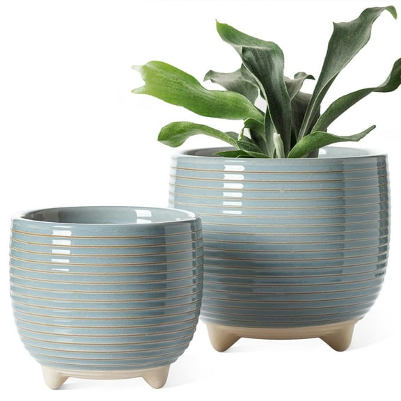 BEMAY Set of 2 Plant Pots, 5.1"+6.4" Ceramic Flower Pots with Drainage, Mesh Circle and Plug Indoor Planters for Home Office,Glaze Blue