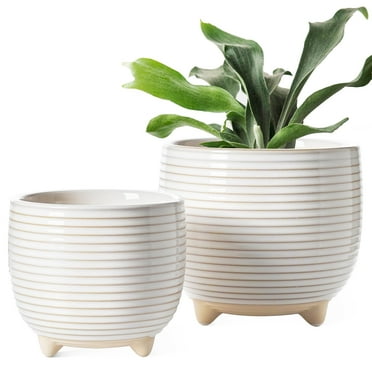 BEMAY Plant Pots, 5.1"+6.4" Ceramic Planters with Drainage, Mesh Circle and Plug Planter Pots for Home Office, Reactive Glaze White Succulents Flower Pots