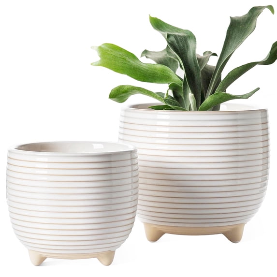 BEMAY 5.1" & 6.4" Ceramic Plant Pots, Set of 2 Reactive Glaze White Indoor Planters with Drainage Hole, Mesh Pad & Silicone Plug, Footed Succulent Pots for Herbs, Cactus, Flowers, Home Decor