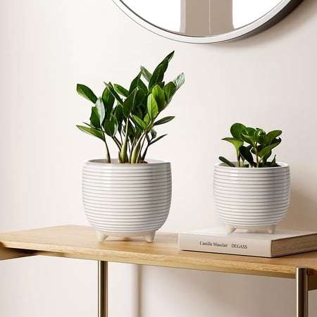 BEMAY 5.1" & 6.4" Ceramic Plant Pots, Set of 2 Reactive Glaze White Indoor Planters with Drainage Hole, Mesh Pad & Silicone Plug, Footed Succulent Pots for Herbs, Cactus, Flowers, Home Decor
