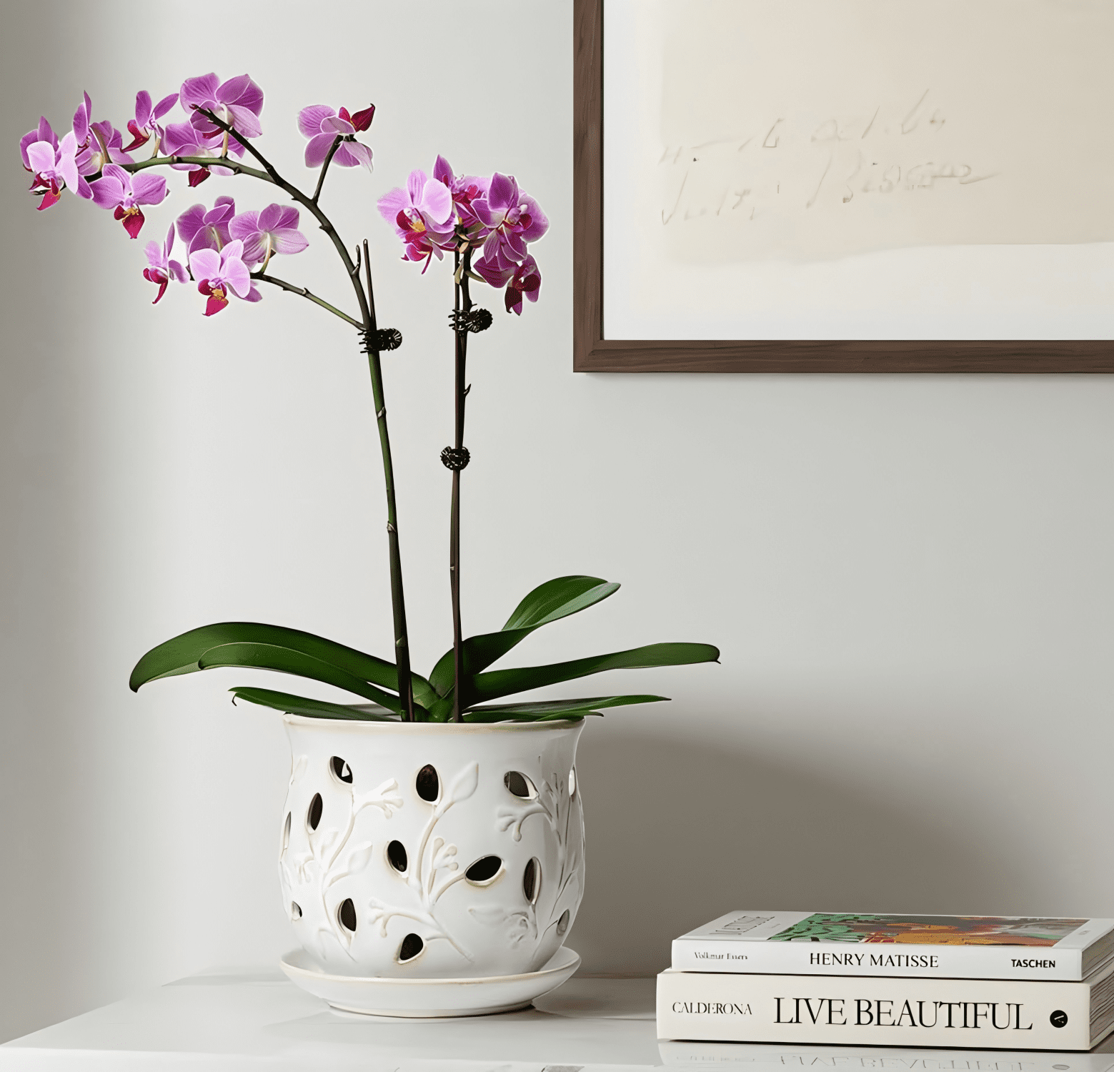 LE TAUCI Ceramic Orchid Pot,6.5" Ceramic Plant Pot with Holes and Saucer,Indoor Flower Pot for Orchid Repotting & Growing,Arctic White (Plant not included)