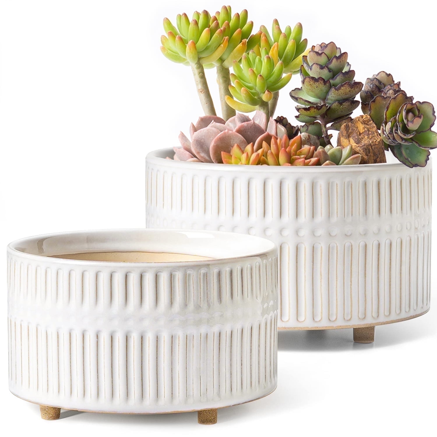 BEMAY 2-Pack 8+6.5 inch White Ceramic Succulent Pots with Drainage, Modern Round Decorative Flower Pots, Reactive Glaze Finish Plant Pots