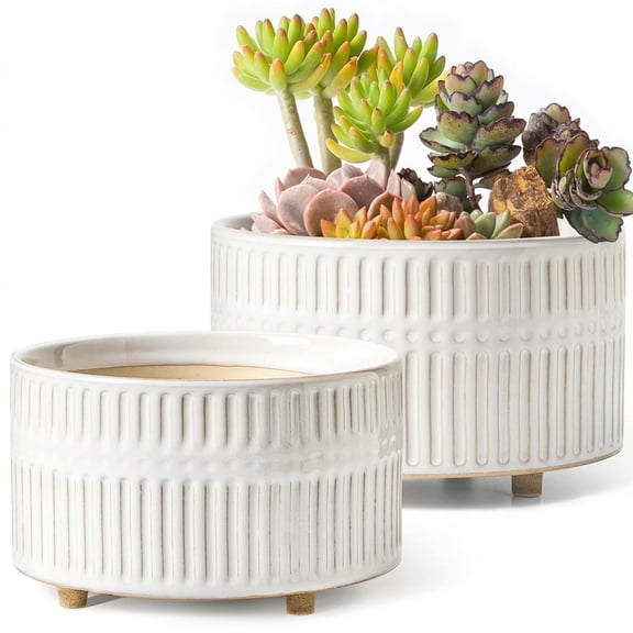 BEMAY 2-Pack 8+6.5 inch White Ceramic Succulent Pots with Drainage, Modern Round Decorative Flower Pots, Reactive Glaze Finish Plant Pots