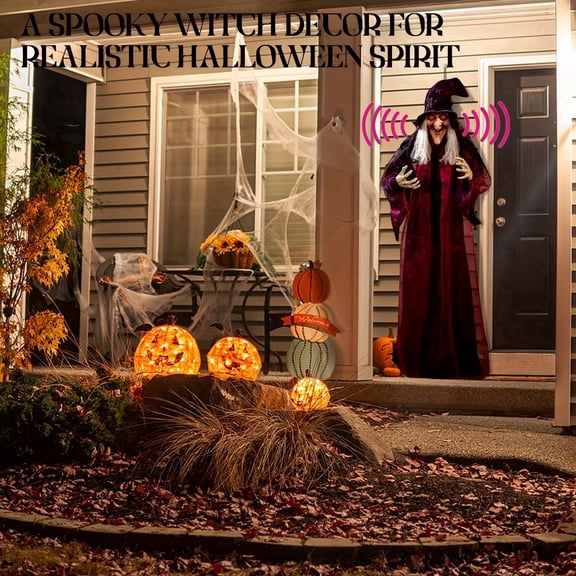 Bemuiz 71 Inch Life-Size Hanging Animated Talking Witch, Light-Up Eyes Sound Activated Halloween Haunted House Scary Hanging Decor