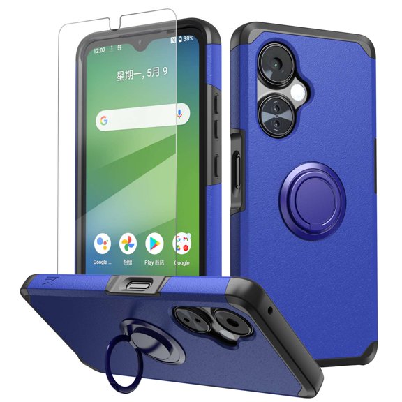 BEMZ Stand Holder Phone Case with Glass Screen Protector for OnePlus Nord N30 5G - Dark Blue