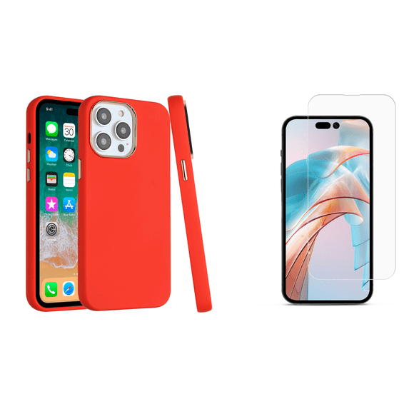 BEMZ Thin Chrome Hybrid Cover Case for iPhone 15 Pro (with Tempered Glass Screen Protector) Scarlet Red