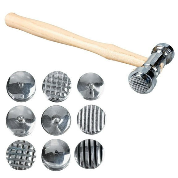 BENCH WIZARD 10" 25.4 cm Texturing Hammer 9 Interchangeable Design Heads Solid Wood Handle Includes 4" x 4" 10.16 cm x 10.16 cm Polishing Pad Versatile Metal Crafting Tool