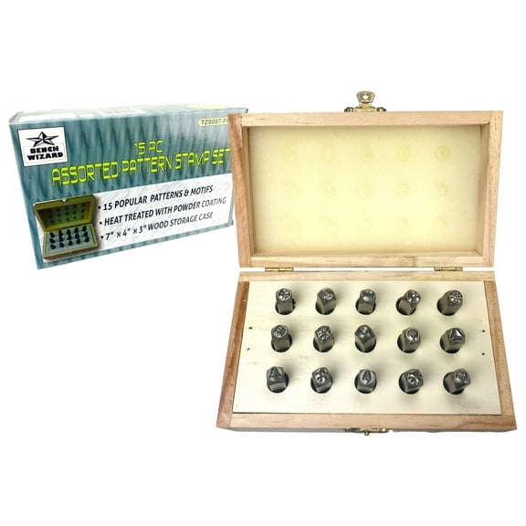 BENCH WIZARD 15 Pc. 6 mm (1/4") Pattern Stamp Set With Wooden Box | Heat-Treated & Powder-Coated | Punches Stamp Patterns Heart, 3-Leaf Clover, Crown, Star, Anchor, Butterfly, Flower, & More