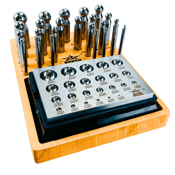 BENCH WIZARD 24 Piece Dapping Punches and Plate with Patented Rubber Block Base to Reduce Vibration | for Shaping and Doming Metal Pieces || Wooden Marked Stand Include