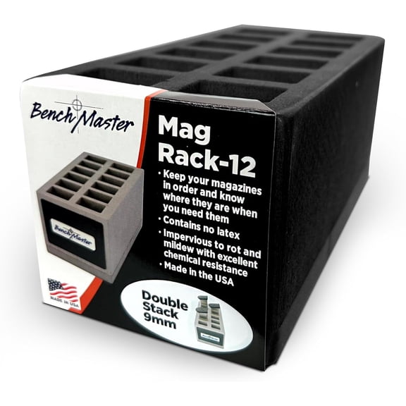 BenchMaster Double Stack 9mm Mag Rack (4" x 4" x 7.8"), Pistol Rack, Pistol Magazine Holder, Gun Parts & Accessories, Shock Absorption, Lightweight, Holds 12 Mags