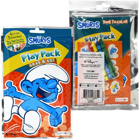 BENDON Smurfs Grab n Go Play Pack, 4 crayon, stocker sheet, coloring book, 6 Pack