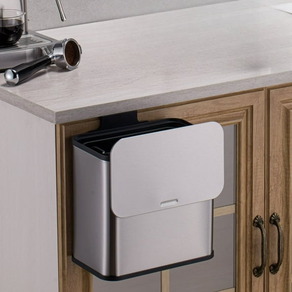 BENESKY 1.3Gallon Stainless Steel Hanging Trash Can with Lid, Kitchen Compost Bin with Inner Bucket And Charcoal Filter for for Bathroom Bedroom