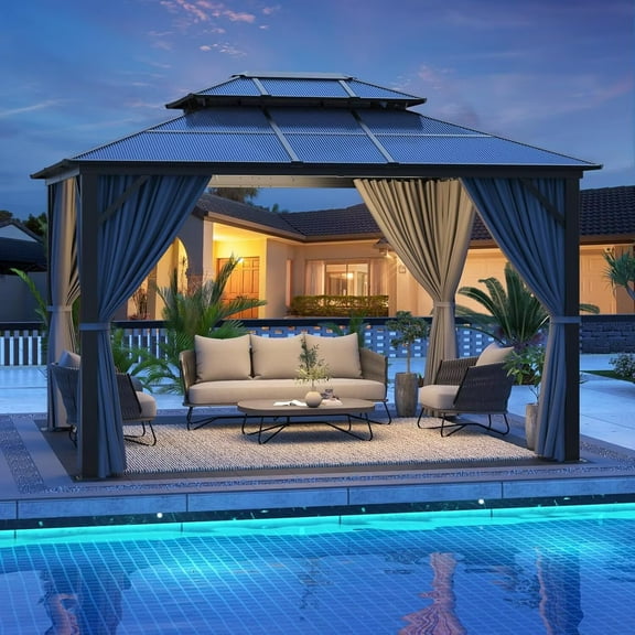 BENESKY 10 x 12 ft Hardtop Gazebo, Outdoor Polycarbonate Gazebo with Aluminum Frame, Double Roof Canopy with Netting and Curtains, for Backyard, Patio and Lawn, Grey