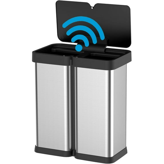 BENESKY 16 Gallon Touchless Trash Can and Recycle Bin, 60L Automatic Trash Can, Stainless Steel, Dual-Compartment (8 Gal each), Kitchen Recycling and Garbage