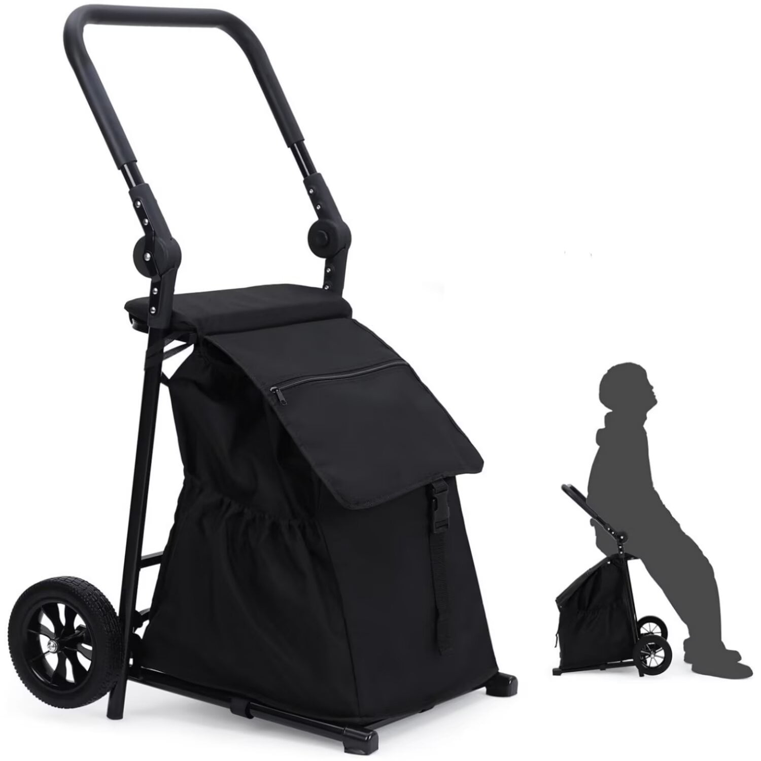 BENESKY 2 in 1 Foldable Shopping Cart, Grocery Cart with Seat, 2 Wheels Grocery Cart with 123 L Large Capacity Waterproof Bag, Portable Trolley Dolly Utility Cart, Black