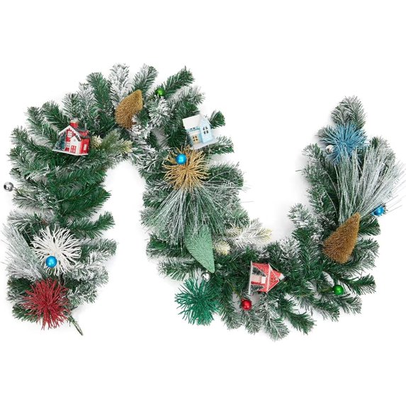 BENESKY 6 ft Christmas Village Garland, Artificial Xmas Cedar Tree and House Garland Ornament, Holiday Garland Decor for Mantle Fireplace Stairs Table Indoor Outdoor Front Door Porch
