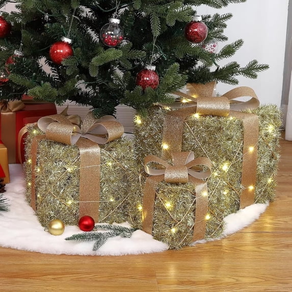 BENESKY Christmas Lighted Gift Boxes Set of 3, Pre-Lit Gift Present Boxes with Ribbons and Bows, Light Up Xmas Ornaments for Indoor Outdoor Christmas Tree, Home, Lawn, Yard, Gold
