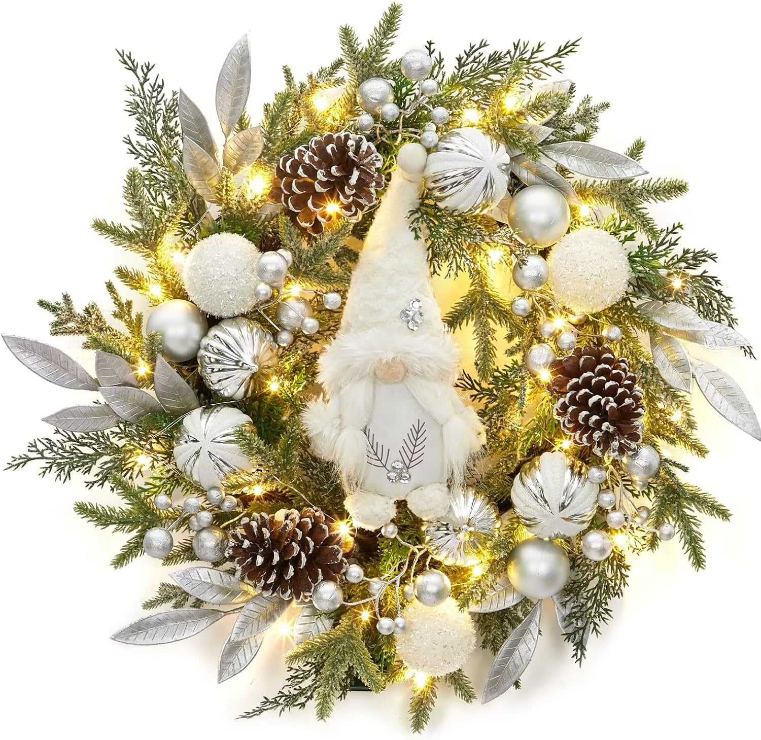 22 Inch Silver White Pine Christmas Wreath with Lights