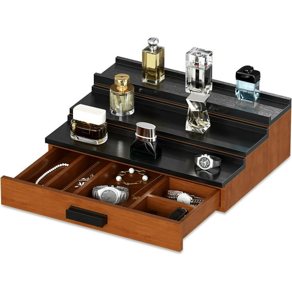 BENESKY Cologne Organizer for Men, 3 Tier Wood Perfume Organizer with Drawer and Hidden Compartment, Black and Brown Perfume Display Holder, A Gift for Men
