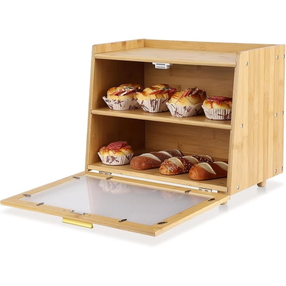BENESKY Double Layer Large Bread Box for Kitchen Counter, Large Capacity Bamboo Bread Storage Container Farmhouse Bread Box with Window Bread Holder, Natural Color