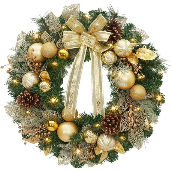 BENESKY Pre-Lit Christmas Wreath for Front Door with Lights, 18 Inch Lighted Christmas Wreath with Gold Xmas Ball Bowknot for Fireplace Window Table Centerpiece Decoration