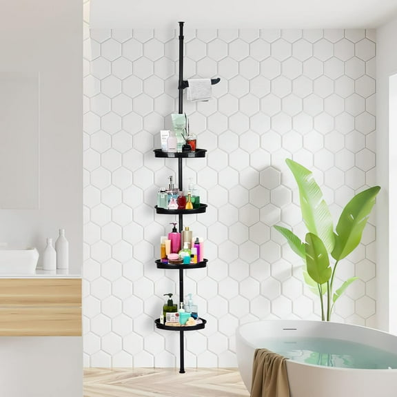 BENESKY Rust-Resistant Corner Shower Caddy for Bathroom, 4 Adjustable Shelves with Tension Pole, for Bath and Shower Storage, up to 123 Inch, Black
