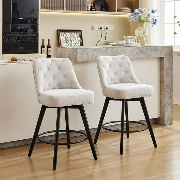 BENESKY Swivel Bar Stools Set of 2, Modern Counter Height Bar Stools with Back and Wood Legs, 26" H Seat Height Upholstered Barstools Bar Chair for Kitchen Island Home Bar, Linen Fabric Beige
