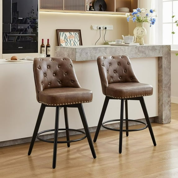 BENESKY Swivel Bar Stools Set of 2, Modern Counter Height Bar Stools with Back and Wood Legs, 26" H Seat Height Upholstered Barstools Bar Chair for Kitchen Island Home Bar, Leather Brown