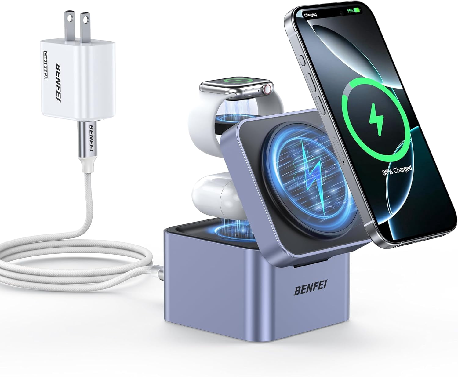 BENFEI 3-in-1 Foldable Charger Stand,Wireless Charging Station for iPhone 16/15/14/13/12 Series, Apple Watch & AirPods | Compact Cube Design | Includes 33W Power Adapter